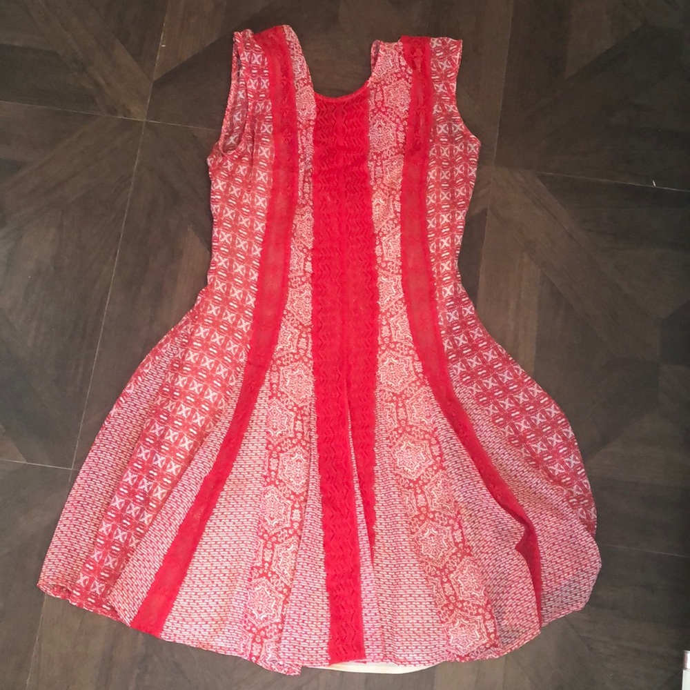 Red and white lace and print BCBG dress.
